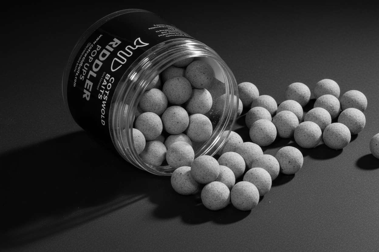 Black and white boilies spilling from container